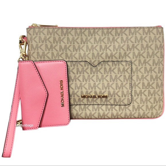 Michael Kors Jet Set Large 2 In 1 Card Case Wristlet Clutch Tea Rose Pink MK - Picture 4 of 5